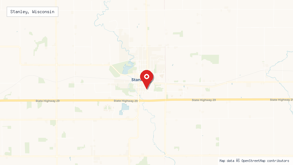 Street map of Stanley, Wisconsin with location pin