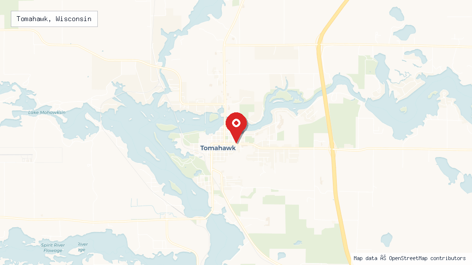Street map of Tomahawk, Wisconsin with location pin