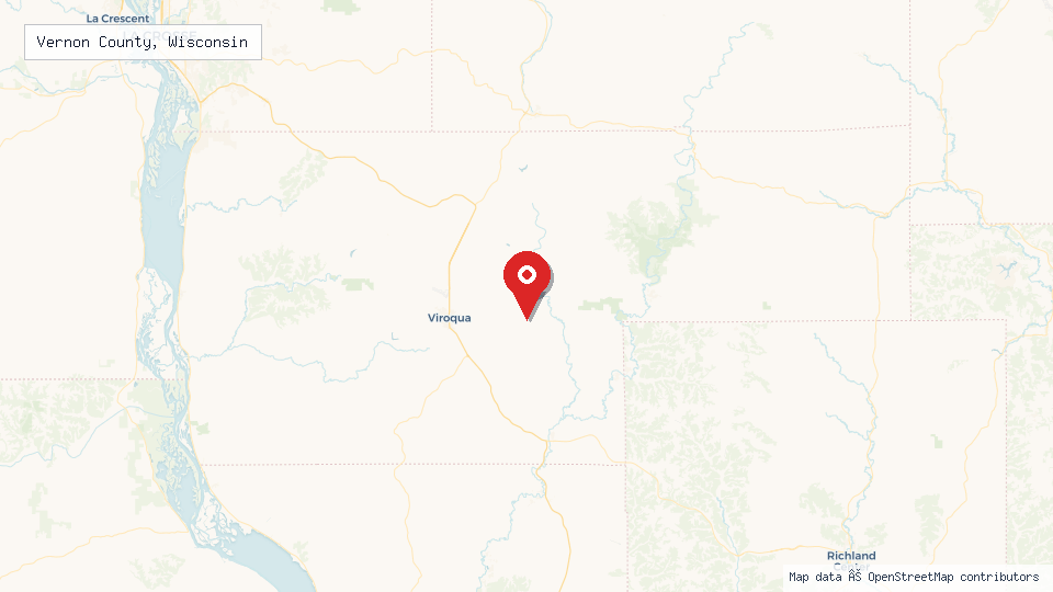 Street map of Vernon County, Wisconsin with location pin