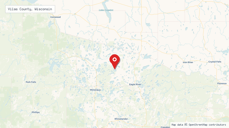 Street map of Vilas County, Wisconsin with location pin