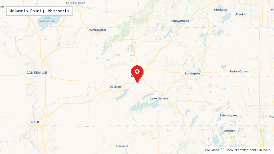 Street map of Walworth County, Wisconsin with location pin