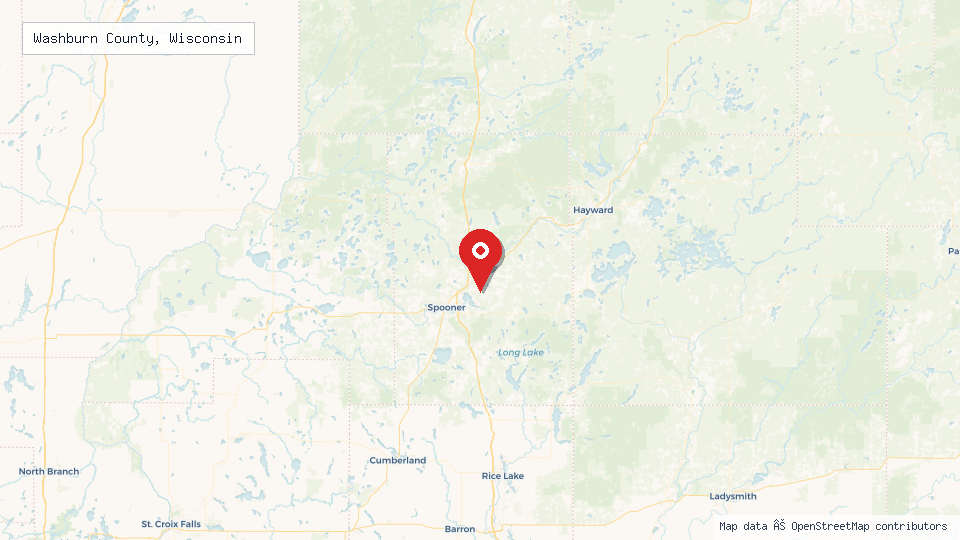 Street map of Washburn County, Wisconsin with location pin