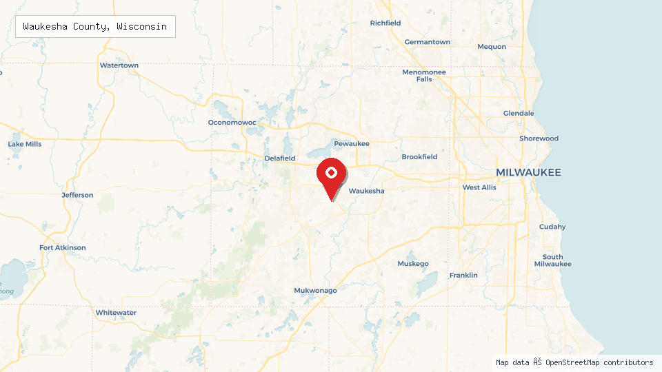 Street map of Waukesha County, Wisconsin with location pin