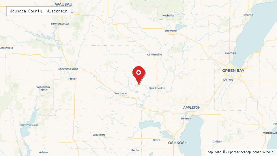 Street map of Waupaca County, Wisconsin with location pin