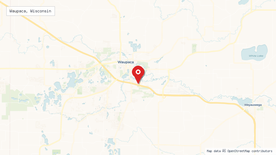 Street map of Waupaca, Wisconsin with location pin