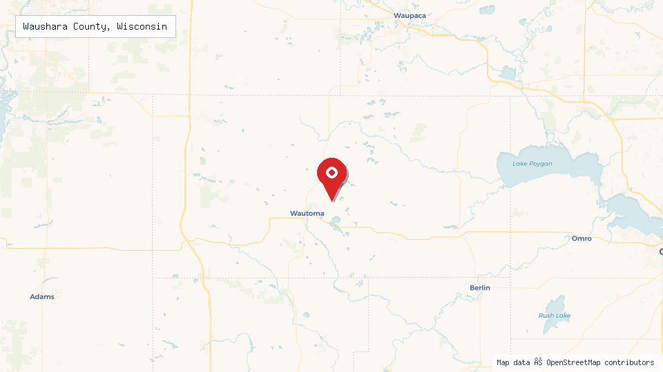 Street map of Waushara County, Wisconsin with location pin
