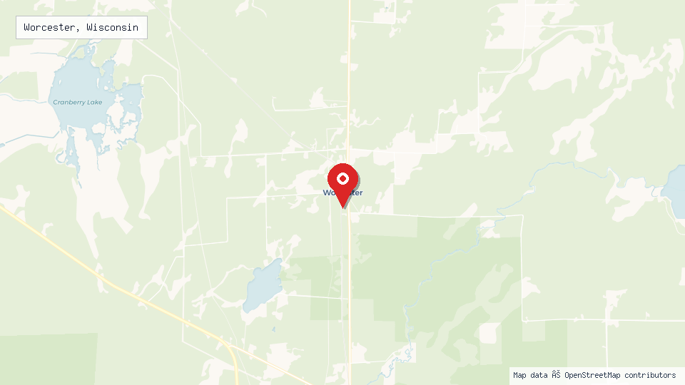 Street map of Worcester, Wisconsin with location pin