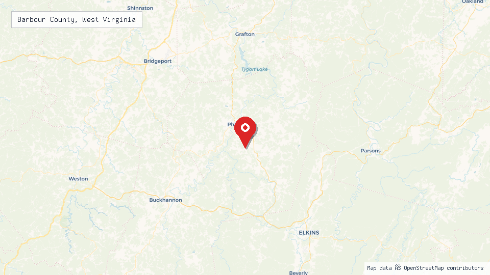 Street map of Barbour County, West Virginia with location pin