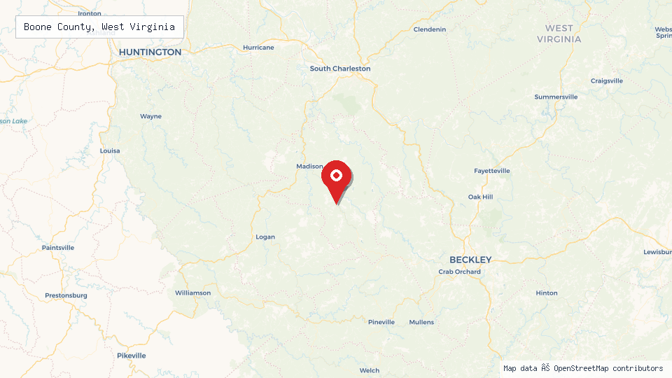 Street map of Boone County, West Virginia with location pin