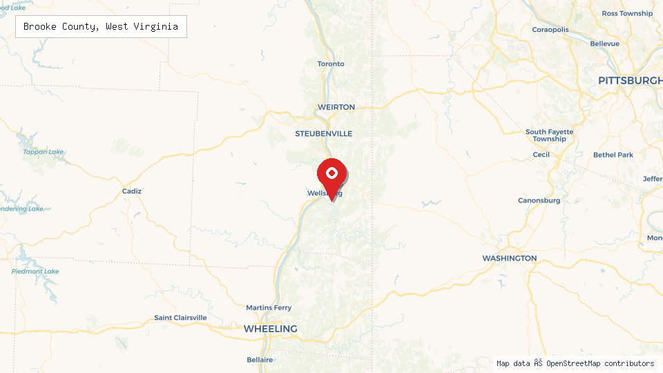 Street map of Brooke County, West Virginia with location pin