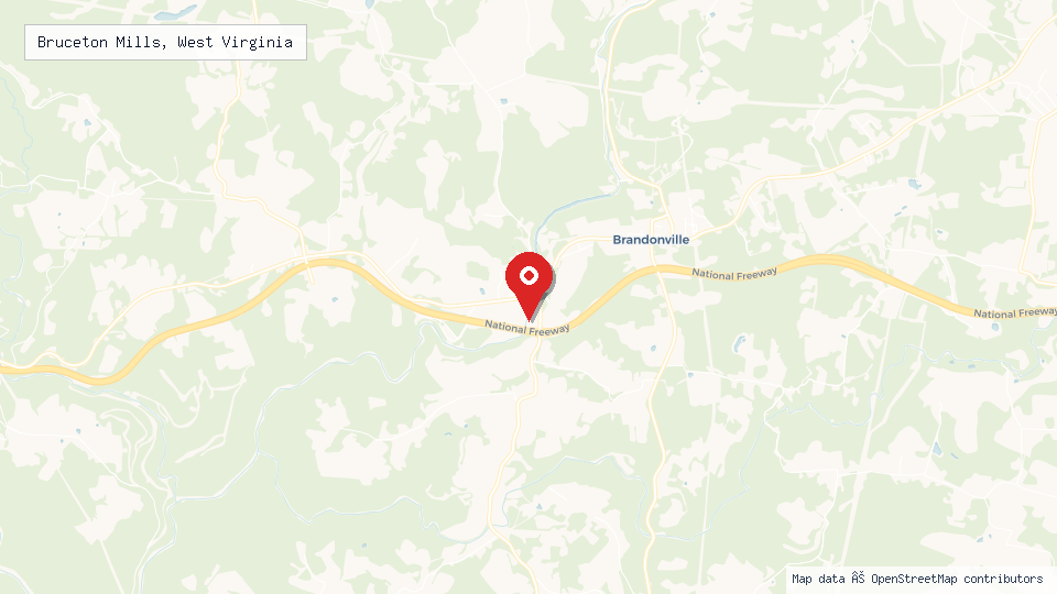 Street map of Bruceton Mills, West Virginia with location pin