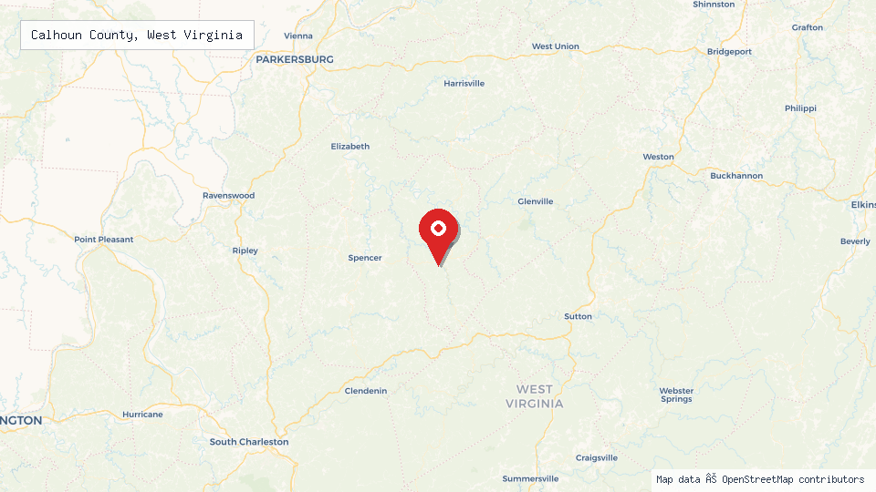 Street map of Calhoun County, West Virginia with location pin
