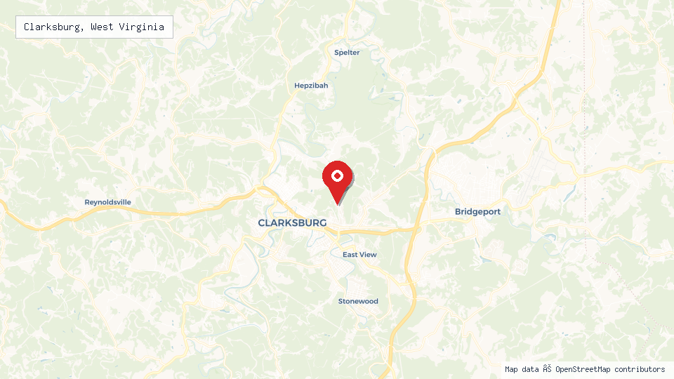 Street map of Clarksburg, West Virginia with location pin