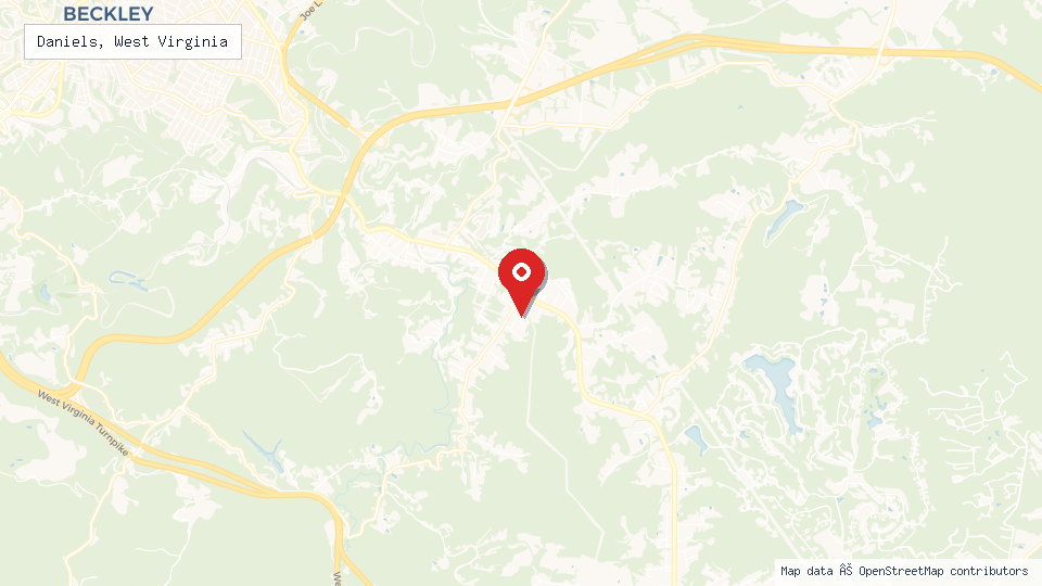 Street map of Daniels, West Virginia with location pin