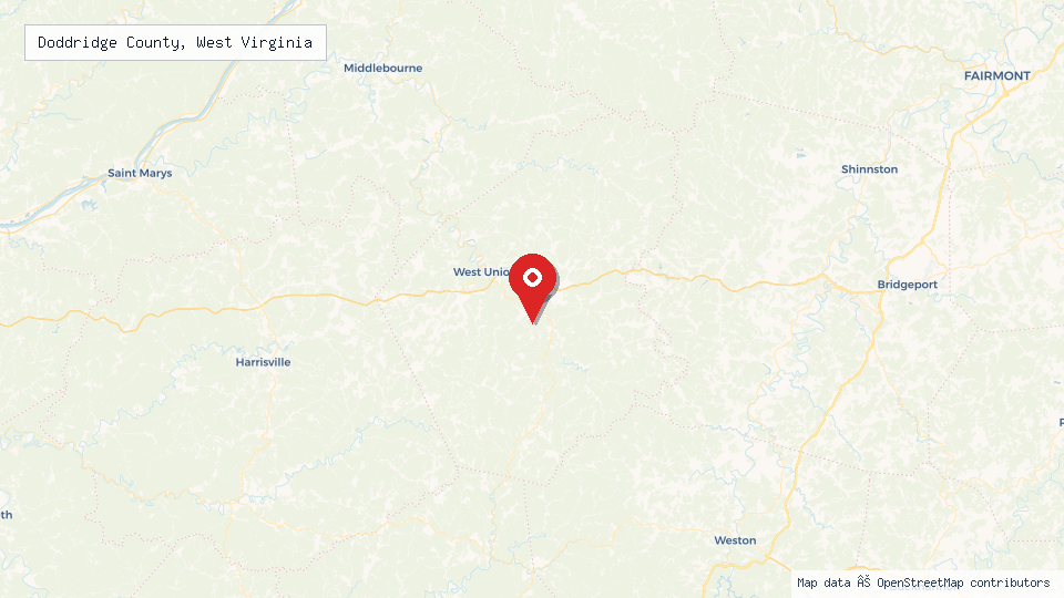 Street map of Doddridge County, West Virginia with location pin