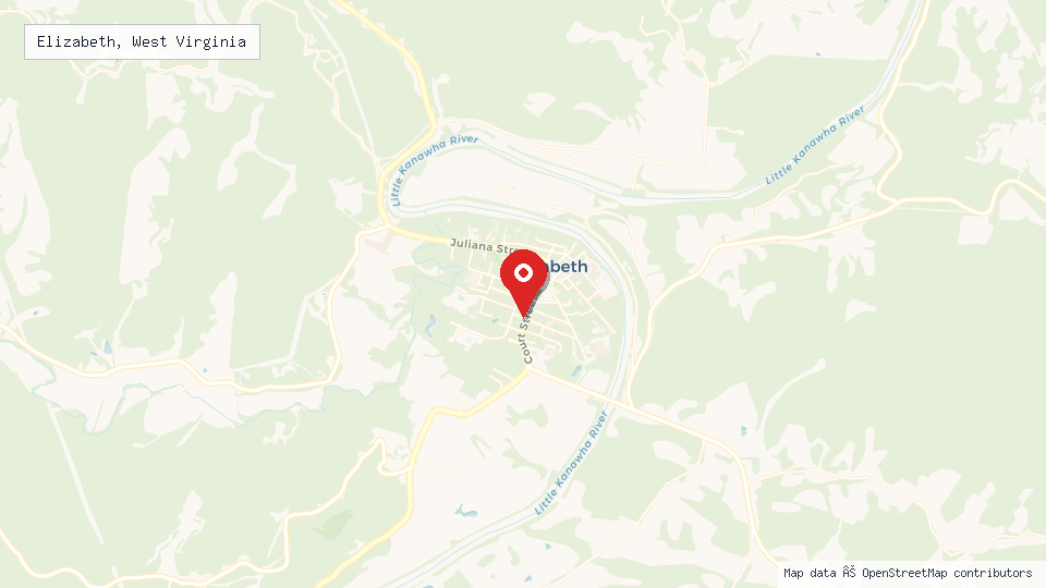 Street map of Elizabeth, West Virginia with location pin