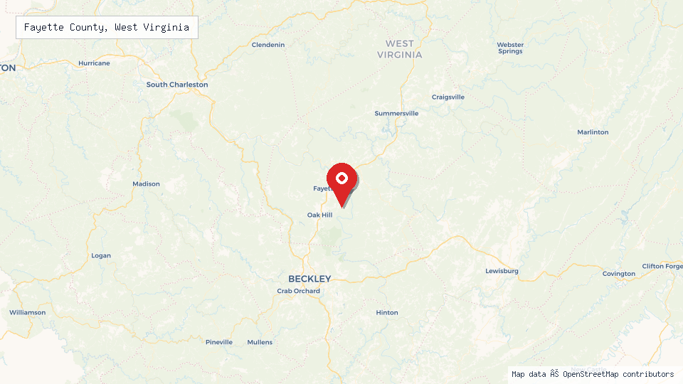 Street map of Fayette County, West Virginia with location pin