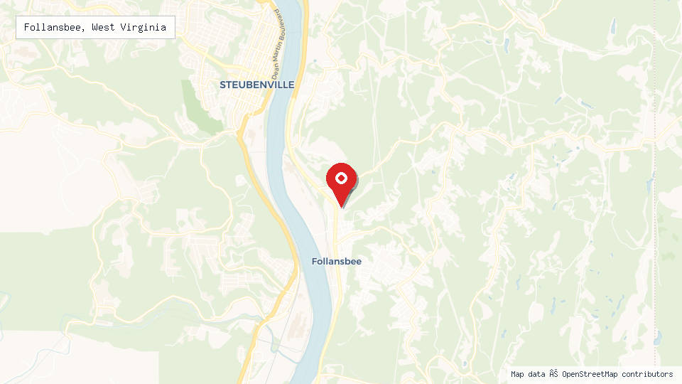Street map of Follansbee, West Virginia with location pin