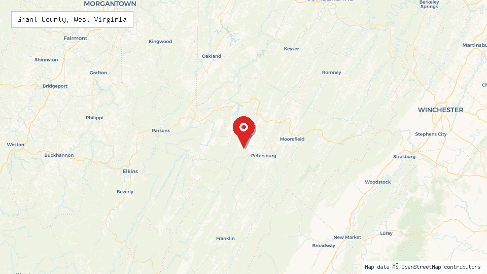 Street map of Grant County, West Virginia with location pin
