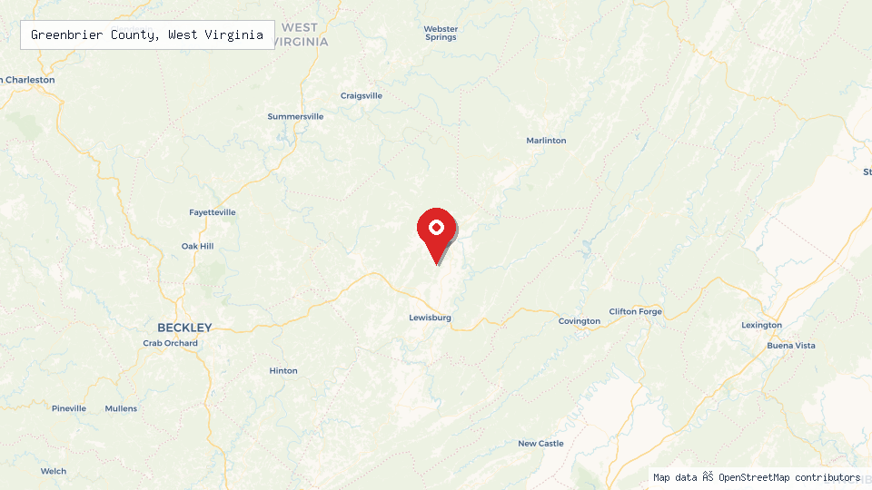 Street map of Greenbrier County, West Virginia with location pin