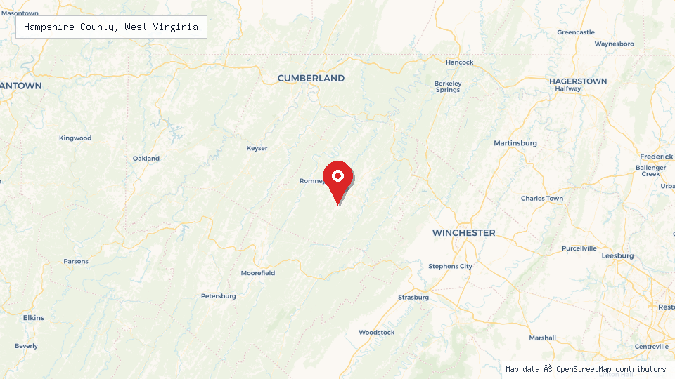 Street map of Hampshire County, West Virginia with location pin