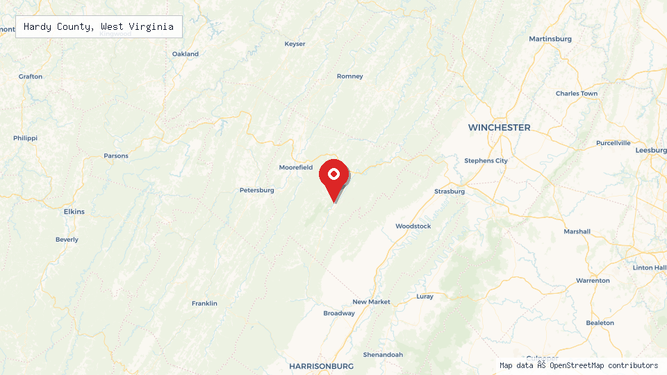 Street map of Hardy County, West Virginia with location pin