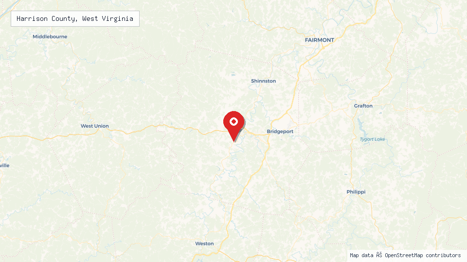 Street map of Harrison County, West Virginia with location pin
