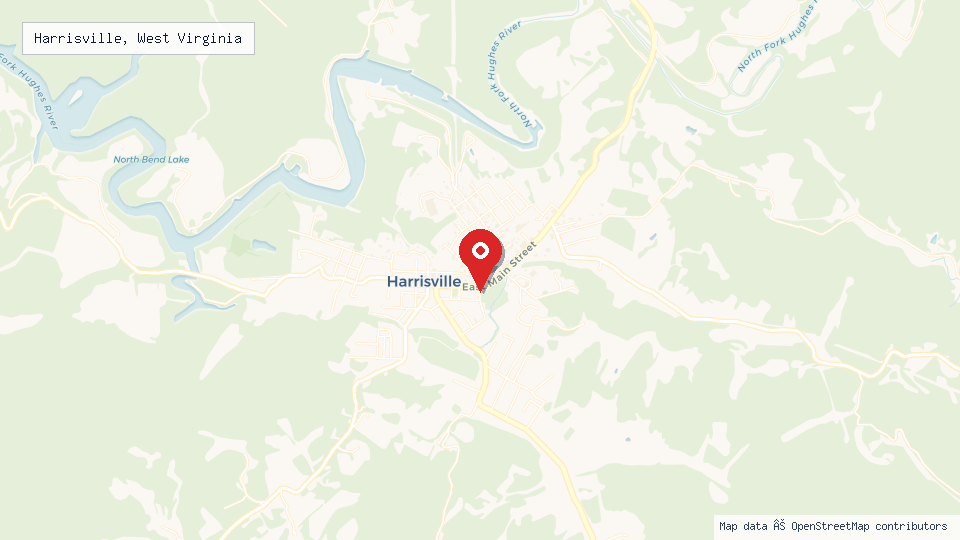 Street map of Harrisville, West Virginia with location pin