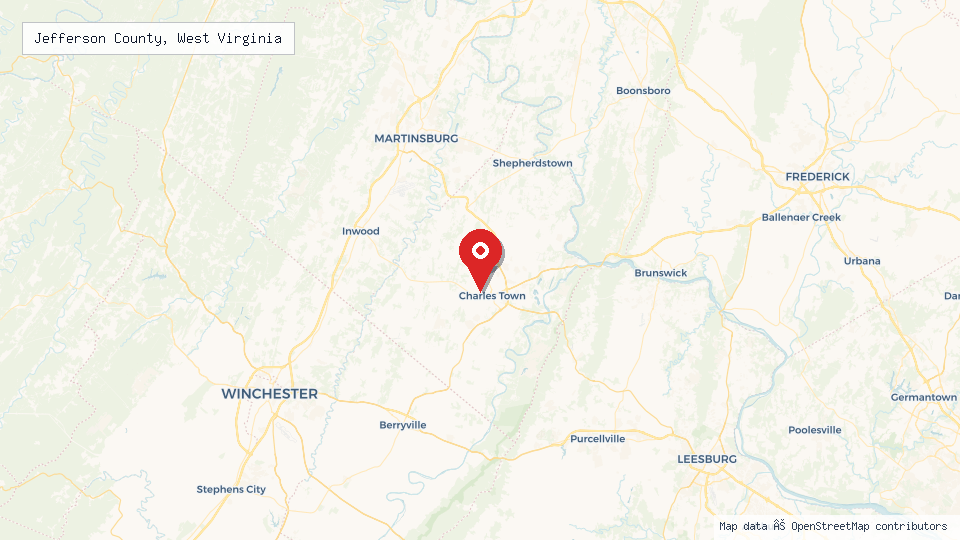 Street map of Jefferson County, West Virginia with location pin