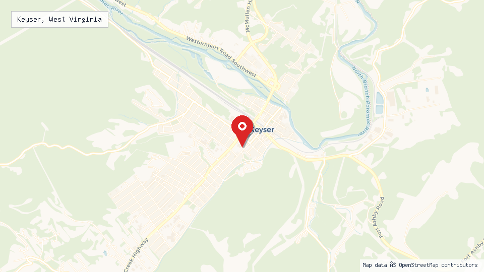 Street map of Keyser, West Virginia with location pin