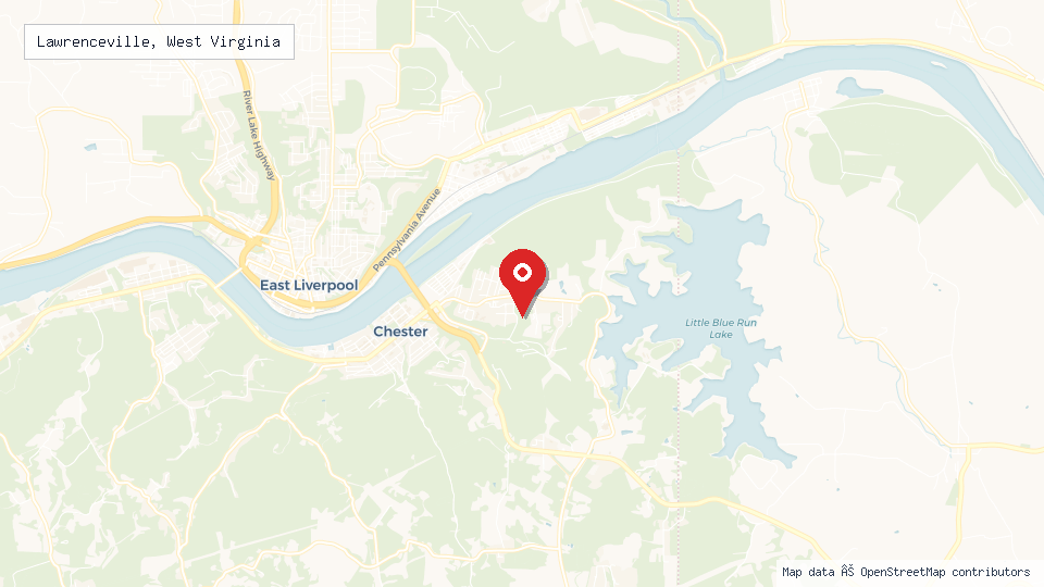 Street map of Lawrenceville, West Virginia with location pin