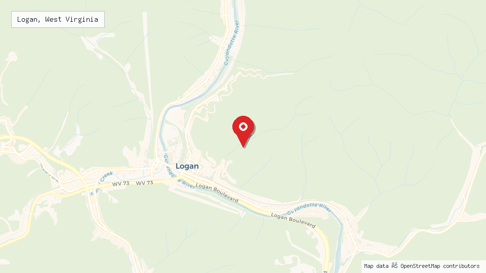 Street map of Logan, West Virginia with location pin