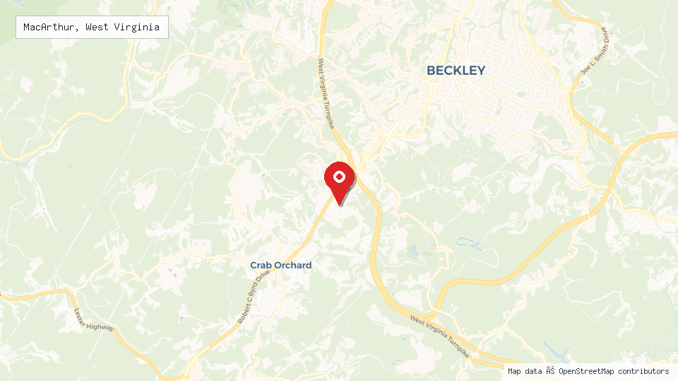 Street map of MacArthur, West Virginia with location pin