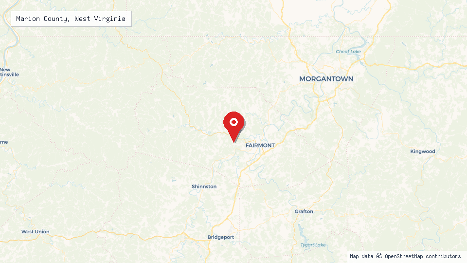 Street map of Marion County, West Virginia with location pin