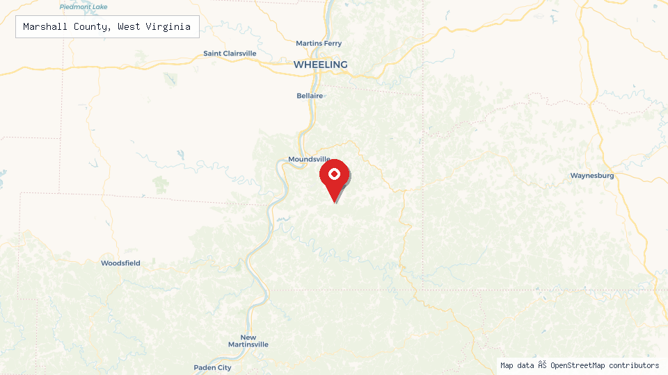 Street map of Marshall County, West Virginia with location pin