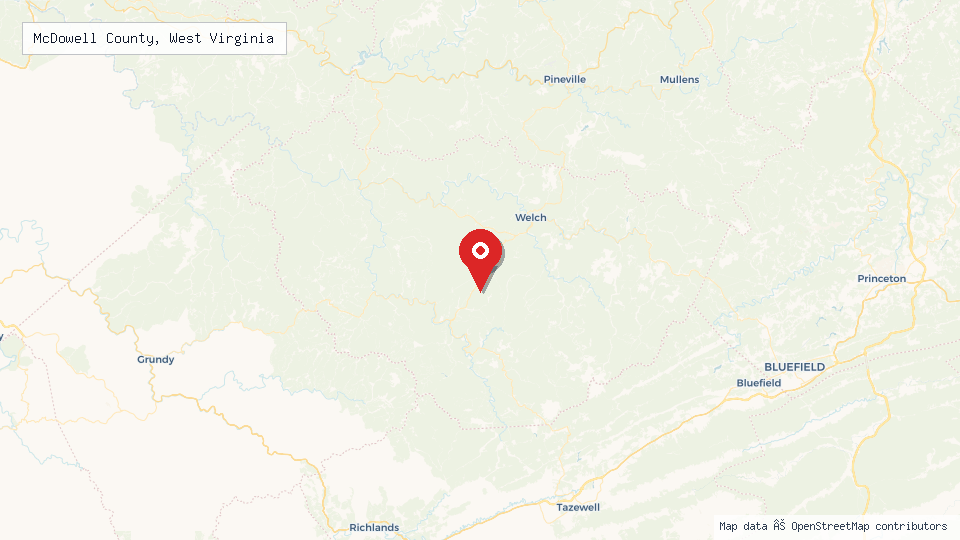 Street map of McDowell County, West Virginia with location pin