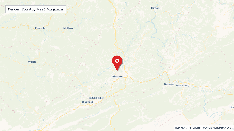 Street map of Mercer County, West Virginia with location pin