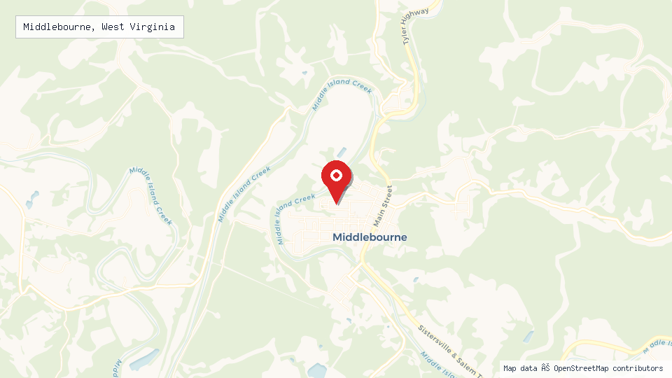 Street map of Middlebourne, West Virginia with location pin