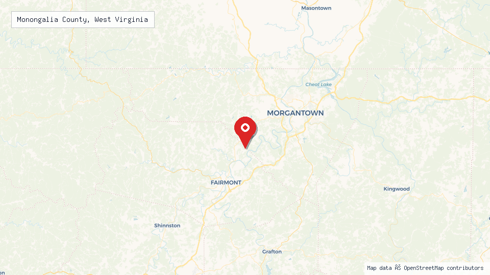 Street map of Monongalia County, West Virginia with location pin