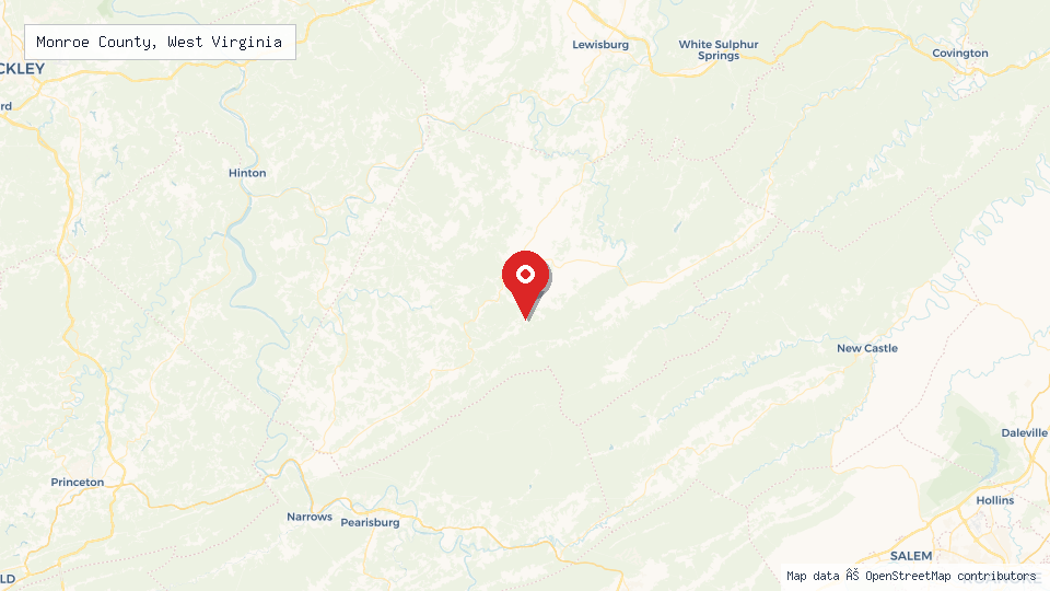 Street map of Monroe County, West Virginia with location pin