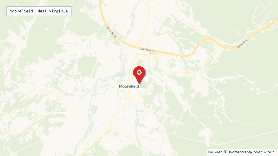 Street map of Moorefield, West Virginia with location pin