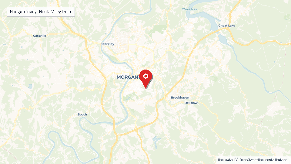Street map of Morgantown, West Virginia with location pin