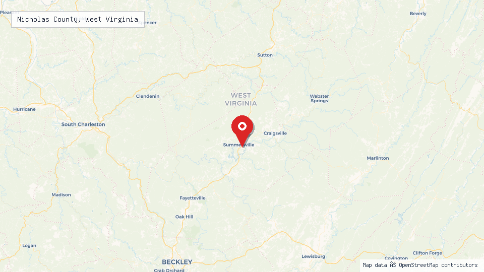 Street map of Nicholas County, West Virginia with location pin
