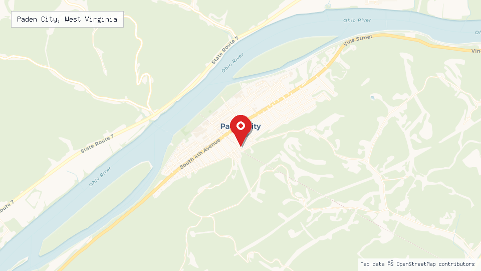 Street map of Paden City, West Virginia with location pin