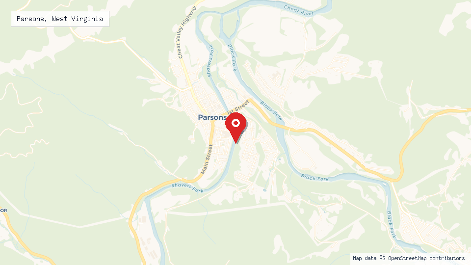 Street map of Parsons, West Virginia with location pin