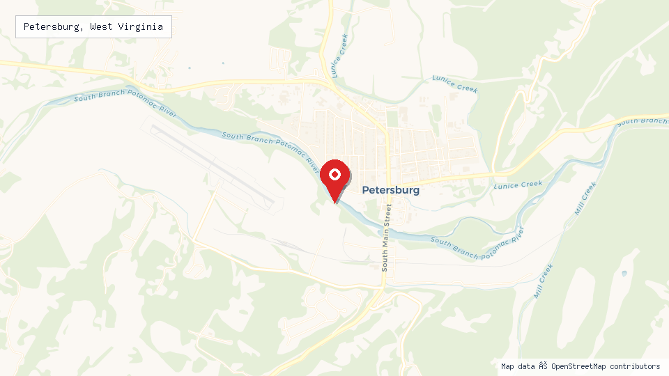 Street map of Petersburg, West Virginia with location pin