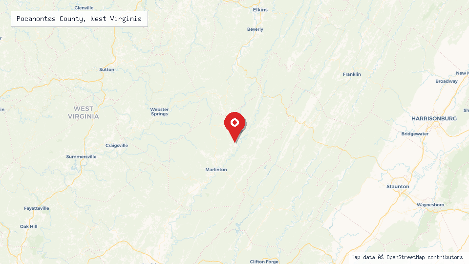 Street map of Pocahontas County, West Virginia with location pin