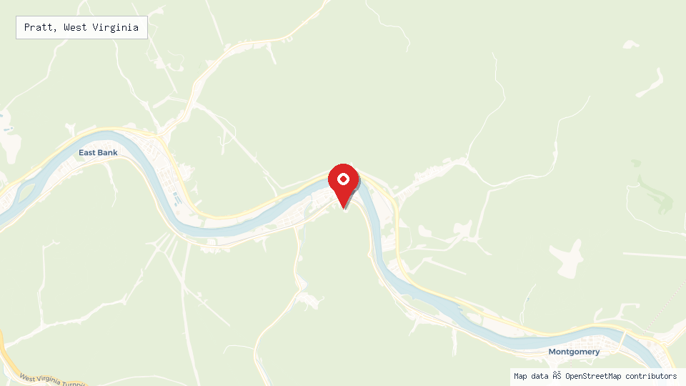 Street map of Pratt, West Virginia with location pin
