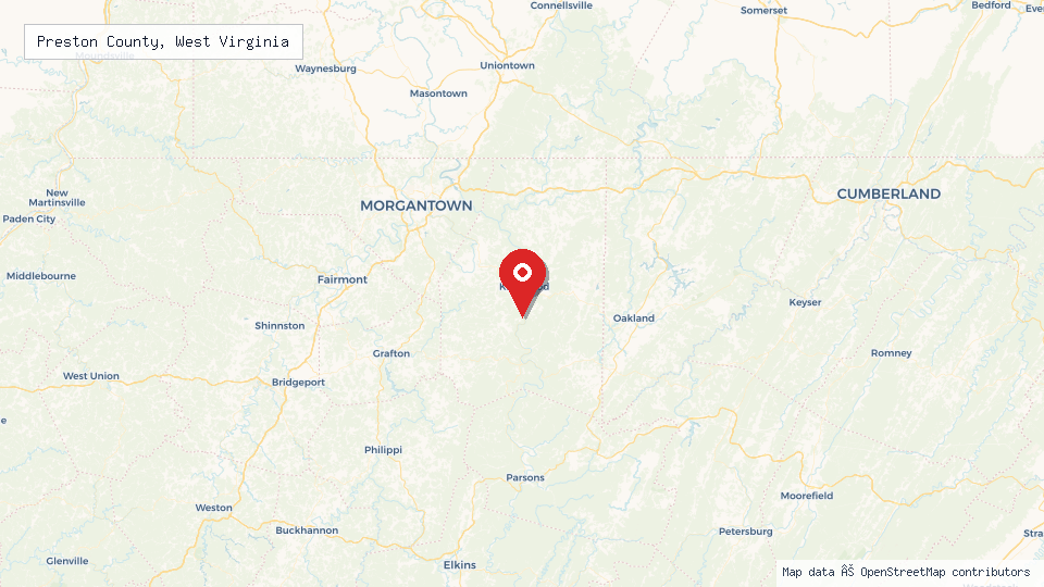 Street map of Preston County, West Virginia with location pin