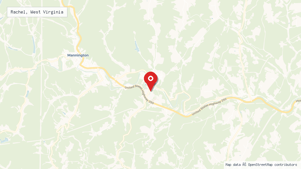 Street map of Rachel, West Virginia with location pin